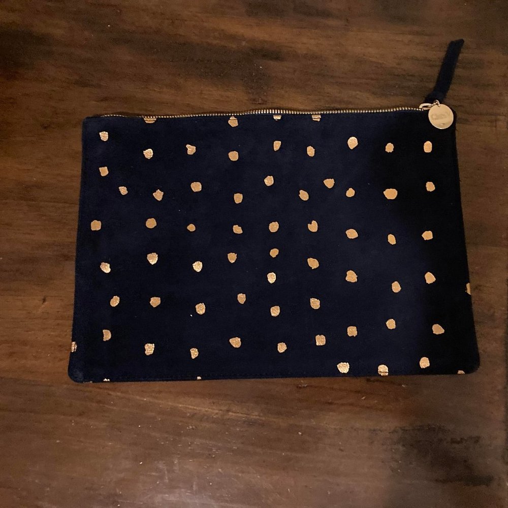 Clare V Flat Clutch - Navy Blue Suede leather and Rose Gold polka-dots